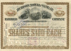 Atchison, Topeka and Santa Fe Railroad Co. Issued to Mabel G. Bell - Stock Certificate